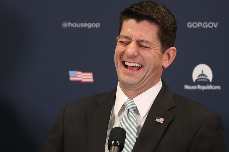 WASHINGTON, DC - APRIL 04: House Speaker Paul Ryan (R-WI) laughs during a media briefing after attending a closed House Republican conference, on Capitol Hill, on April 4, 2017 in Washington, DC. Speaker Ryan spoke on issues regarding healthcare and House Intelligence Committee Chairman Nunes. (Photo by Mark Wilson/Getty Images)
